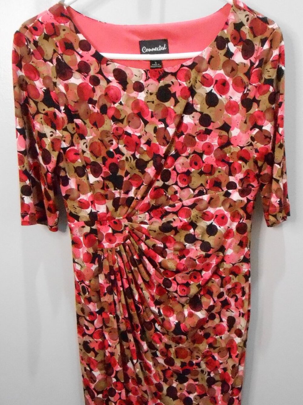 Connected Apparel Womens Peach & Burgundy Mock Wrap Geometric Print Dress Size-6